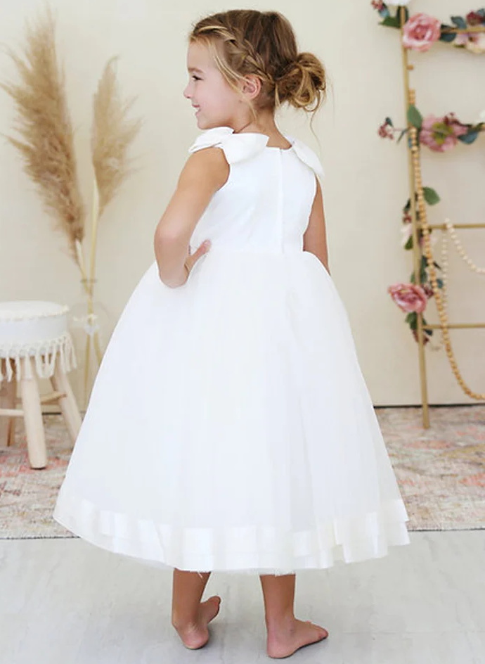 Ball-Gown Scoop Neck Tea-Length Satin/Tulle Flower Girl Dresses With Bow(s)