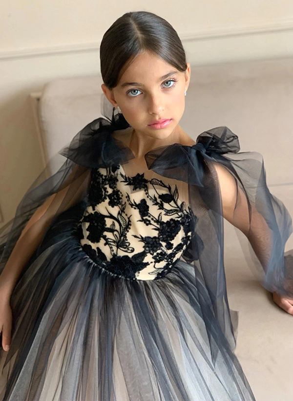Ball-Gown Illusion Neck Sweep Train Lace/Tulle Flower Girl Dresses With Bow(s)