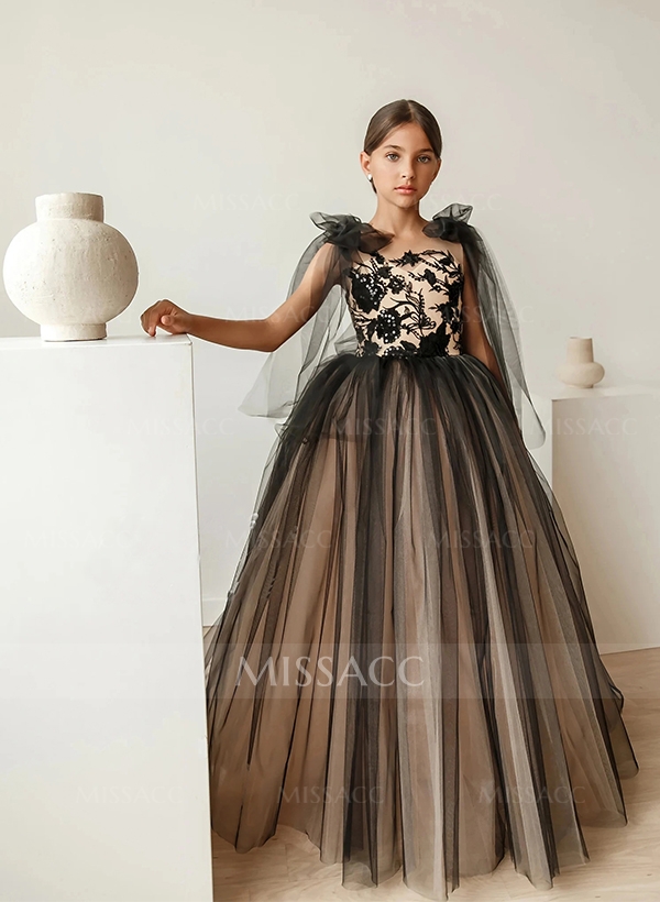 Lace Tulle Ball Gown with Short Sleeve High Neck & Sash Ribbon Bow for Flower Girl Dress
