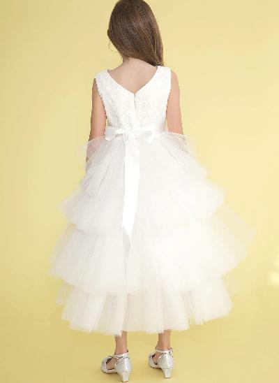 Ball-Gown/Princess Lace Tulle Flower Girl Dresses With Beading