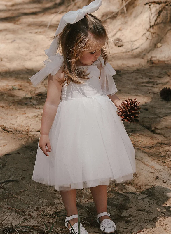 A-Line Sleeveless Tulle First Communion Dresses Flower Girl Dresses Pageant  Dresses Tea-Length Strap Ruffles Ivory - Missacc