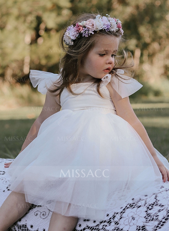 A-Line Sleeveless Tulle First Communion Dresses Flower Girl Dresses Pageant Dresses Tea-Length Strap Ruffles Ivory