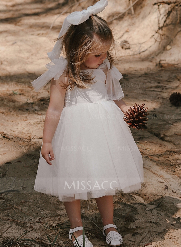 A-Line Sleeveless Tulle First Communion Dresses Flower Girl Dresses Pageant Dresses Tea-Length Strap Ruffles Ivory