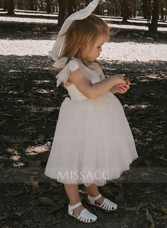 A-Line Sleeveless Tulle First Communion Dresses Flower Girl Dresses Pageant Dresses Tea-Length Strap Ruffles Ivory