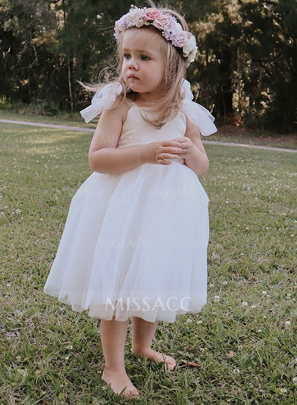 A-Line Sleeveless Tulle First Communion Dresses Flower Girl Dresses Pageant Dresses Tea-Length Strap Ruffles Ivory