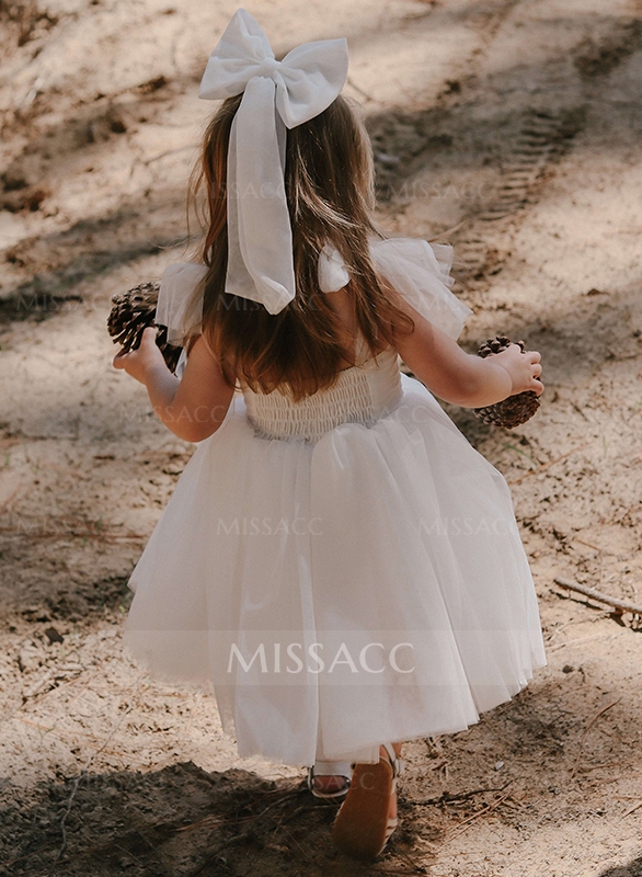 A-Line Sleeveless Tulle First Communion Dresses Flower Girl Dresses Pageant Dresses Tea-Length Strap Ruffles Ivory