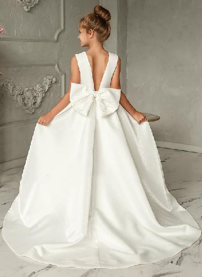 A-Line Satin Ivory Bow Flower Girl Dresses Pageant Dresses With Sweep Train