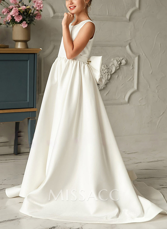 A-Line Satin Ivory Bow Flower Girl Dresses Pageant Dresses With Sweep Train A-Line Satin Ivory Bow Flower Girl Dresses Pageant Dresses With Sweep Train