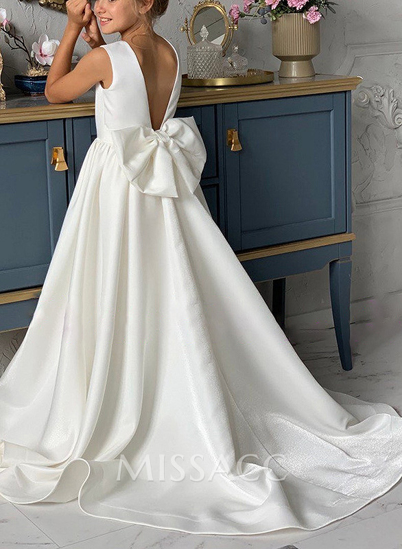 A-Line Satin Ivory Bow Flower Girl Dresses Pageant Dresses With Sweep Train A-Line Satin Ivory Bow Flower Girl Dresses Pageant Dresses With Sweep Train