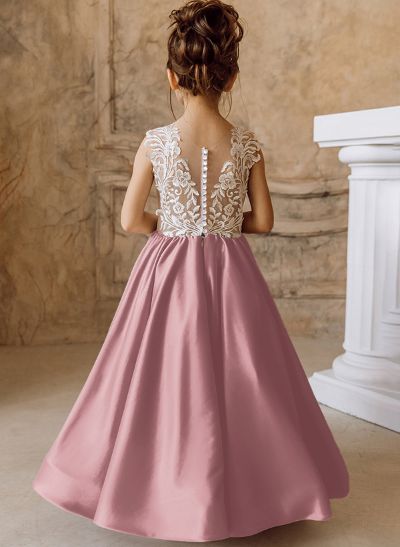 Ball-Gown/Princess Champagne Satin Lace Flower Girl Dresses