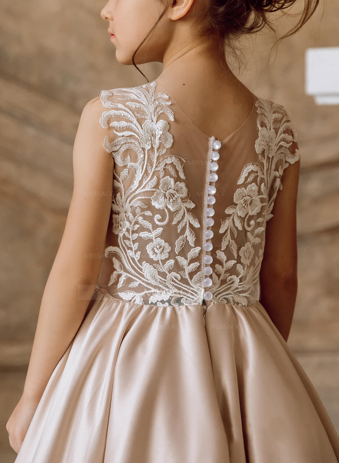 Ball-Gown/Princess Champagne Satin Lace Flower Girl Dresses