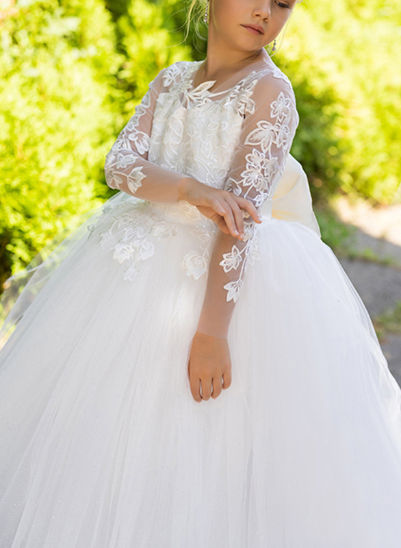 Ball-Gown/Princess Lace Tulle Sweep Train Flower Girl Dresses Pageant Dresses With Bow