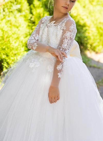 Ball-Gown/Princess Lace Tulle Sweep Train Flower Girl Dresses Pageant Dresses With Bow