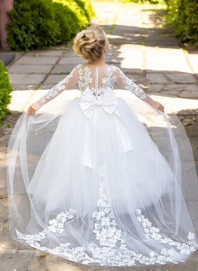 Ball-Gown/Princess Lace Tulle Sweep Train Flower Girl Dresses Pageant Dresses With Bow