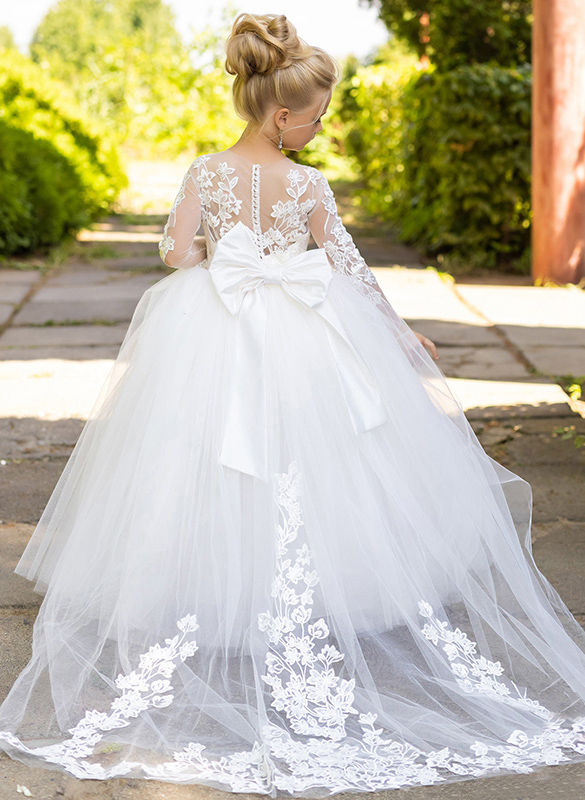 Ball-Gown/Princess Lace Tulle Sweep Train Flower Girl Dresses Pageant Dresses With Bow
