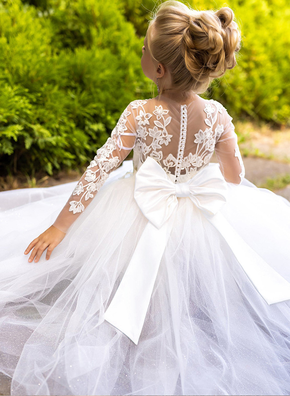Ball-Gown/Princess Lace Tulle Sweep Train Flower Girl Dresses Pageant Dresses With Bow