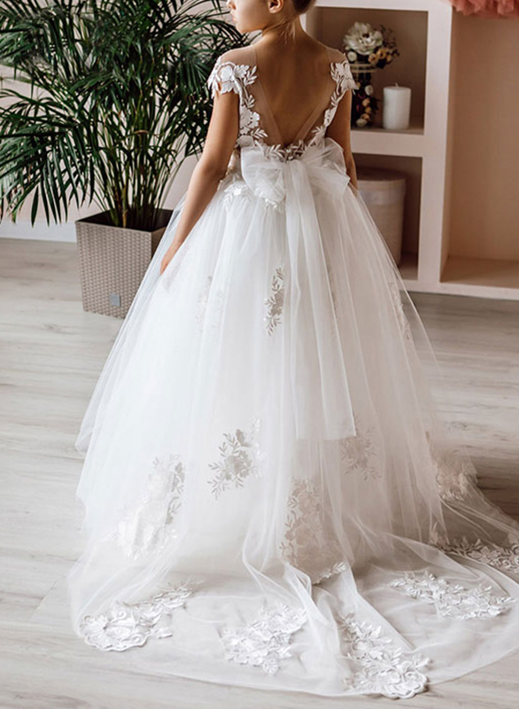 Ball-Gown/Princess White Lace Tulle Sweep Train Flower Girl Dresses Pageant Dresses With Bow
