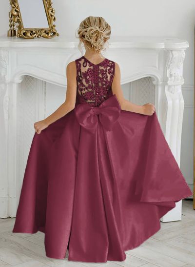 A-Line Lace Satin Floor-Length Flower Girl Dresses Pageant Dresses With Bow A-Line Lace Satin Floor-Length Flower Girl Dresses Pageant Dresses With Bow