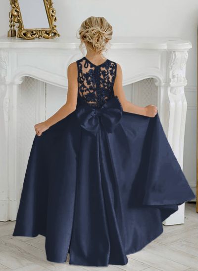 A-Line Lace Satin Floor-Length Flower Girl Dresses Pageant Dresses With Bow A-Line Lace Satin Floor-Length Flower Girl Dresses Pageant Dresses With Bow