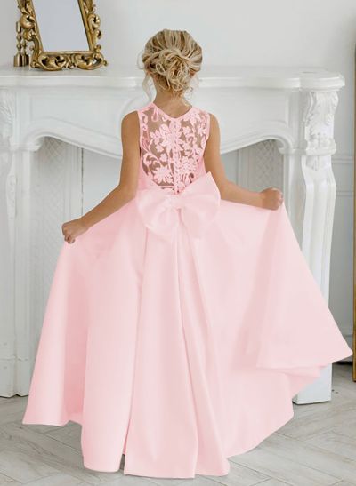A-Line Lace Satin Floor-Length Flower Girl Dresses Pageant Dresses With Bow