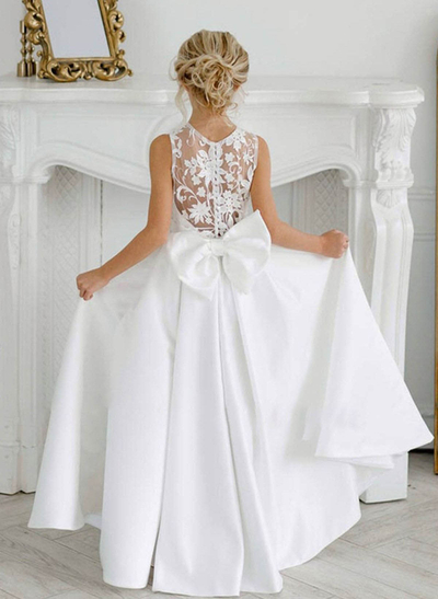 A-Line Lace Satin Floor-Length Flower Girl Dresses Pageant Dresses With Bow