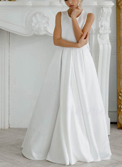 A-Line Lace Satin Floor-Length Flower Girl Dresses Pageant Dresses With Bow
