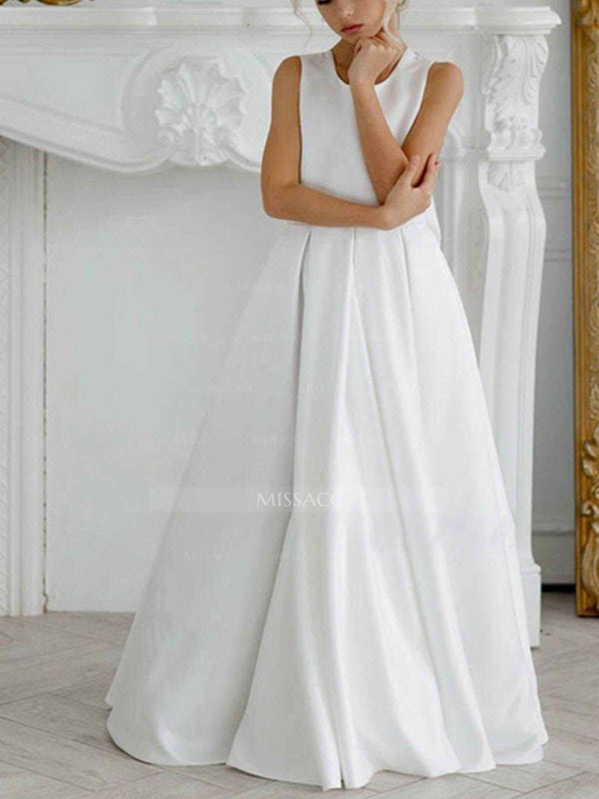 A-Line Lace Satin Floor-Length Flower Girl Dresses Pageant Dresses With Bow