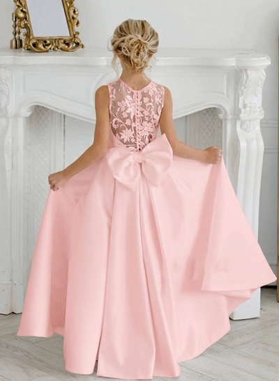A-Line Lace Satin Floor-Length Flower Girl Dresses Pageant Dresses With Bow