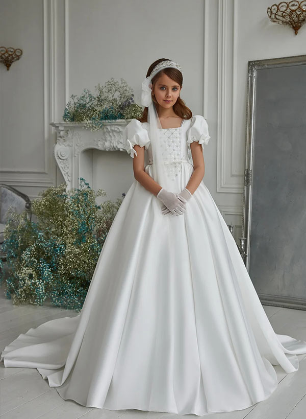 Ball-Gown Square Neckline Short Sleeves Sweep Train Satin Flower Girl Dresses With Bow(s)