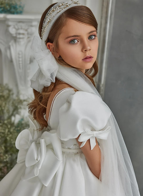 Ball-Gown Square Neckline Short Sleeves Sweep Train Satin Flower Girl Dresses With Bow(s)