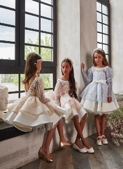 A-Line Scoop Neck Long Sleeves Knee-Length Flower Girl Dresses With Appliques Lace