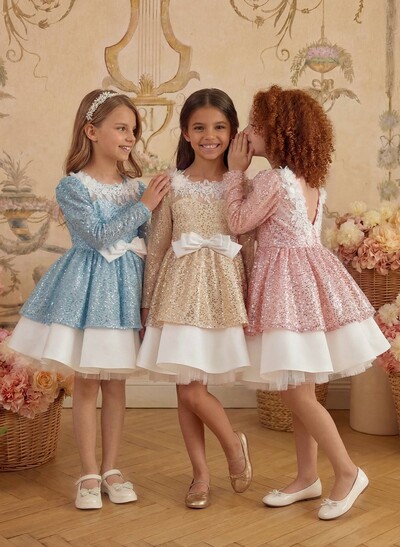 A-Line Scoop Neck Long Sleeves Knee-Length Flower Girl Dresses With Appliques Lace