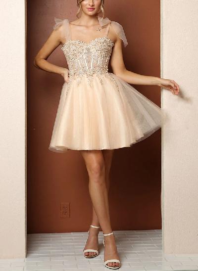 A-Line Sweetheart Sleeveless Short/Mini Tulle Homecoming Dresses With Appliques Lace