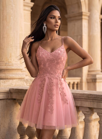 A-Line V-Neck Sleeveless Short/Mini Satin/Tulle Homecoming Dresses With Appliques Lace