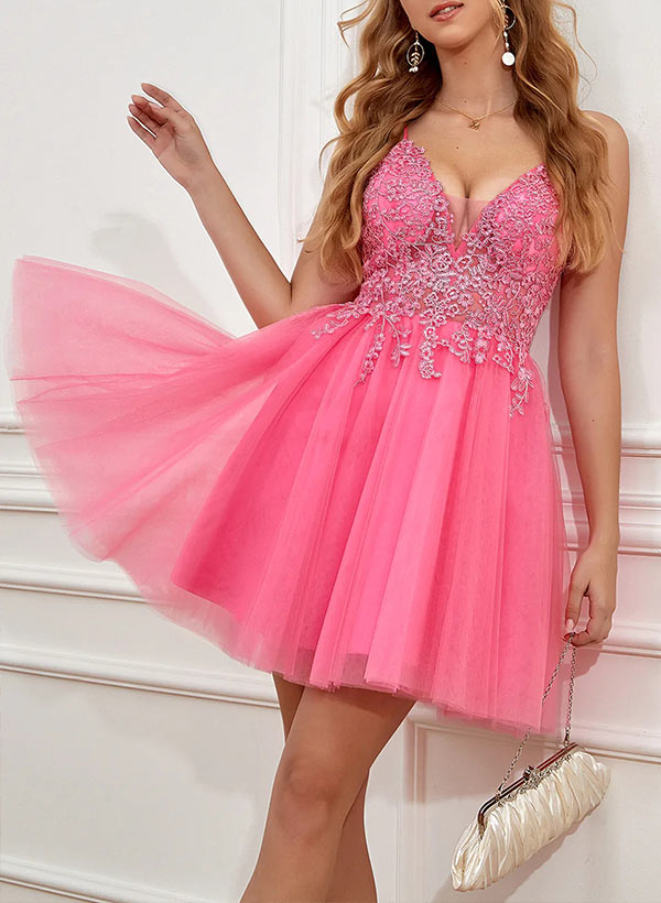 A-Line V-neck Sleeveless Short/Mini Tulle Homecoming Dresses With Appliques Lace
