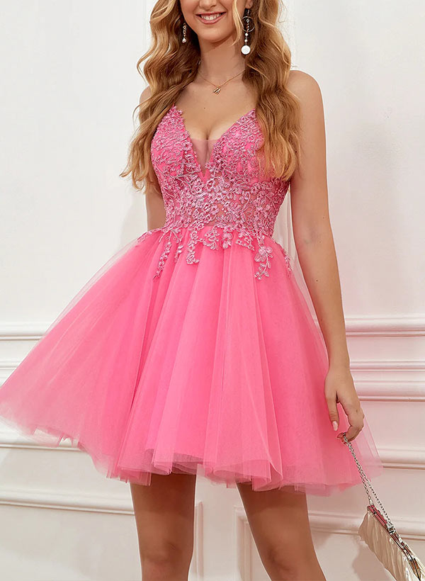A-Line V-neck Sleeveless Short/Mini Tulle Homecoming Dresses With Appliques Lace