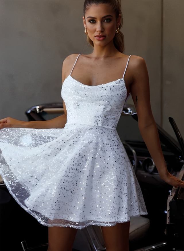 A-Line Cowl Neck Sleeveless Short/Mini Sequined Homecoming Dresses