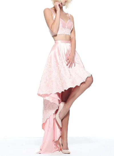 A-Line Two Pieces Sweetheart Asymmetrical Lace/Satin Homecoming Dresses