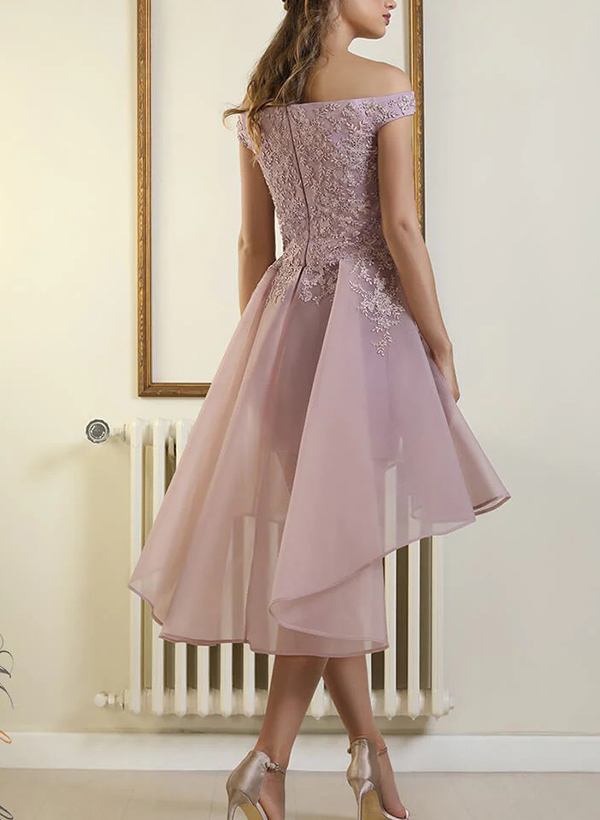 A-Line Off-The-Shoulder Satin/Tulle Homecoming Dresses With Cascading Ruffles