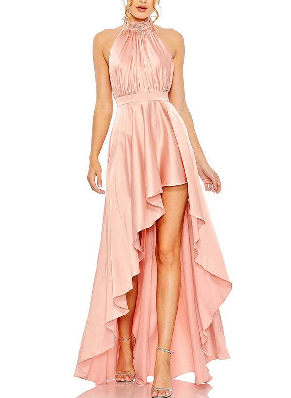 A-Line Halter Asymmetrical Satin Homecoming Dresses With Cascading Ruffles
