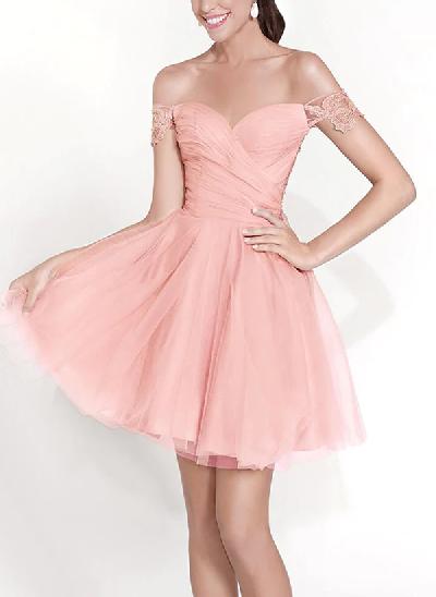 A-Line Off-The-Shoulder Short/Mini Tulle Homecoming Dresses With Appliques Lace