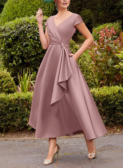 A-Line V-Neck Short Sleeves Tea-Length Satin Mother Of The Bride Dresses With Ruffle