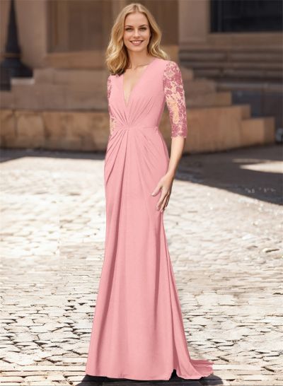 Sheath V-Neck 1/2 Sleeves Sweep Train Mother Of The Bride Dresses With Lace