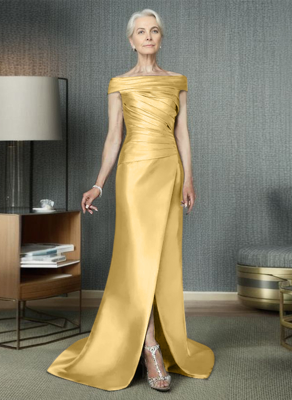 Long Satin Cap Shoulder Sheath/Column Mother Of The Bride Dresses