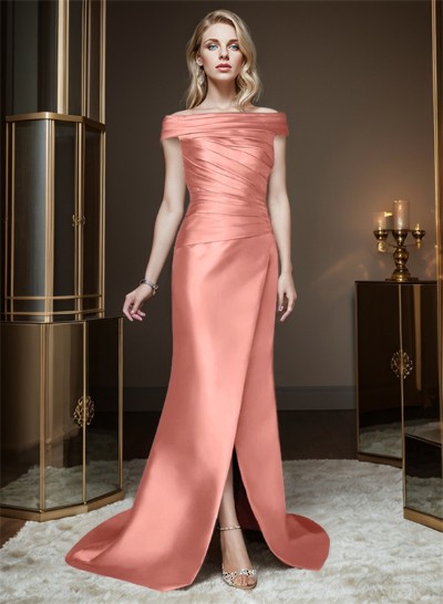 Sheath/Column Off-The-Shoulder Sleeveless Satin Bridesmaid Dresses With Ruffle