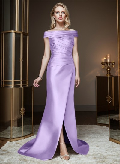 Sheath/Column Off-The-Shoulder Sleeveless Satin Bridesmaid Dresses With Ruffle