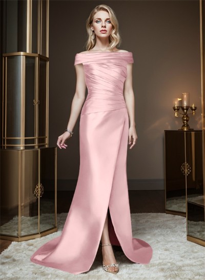 Sheath/Column Off-The-Shoulder Sleeveless Satin Bridesmaid Dresses With Ruffle