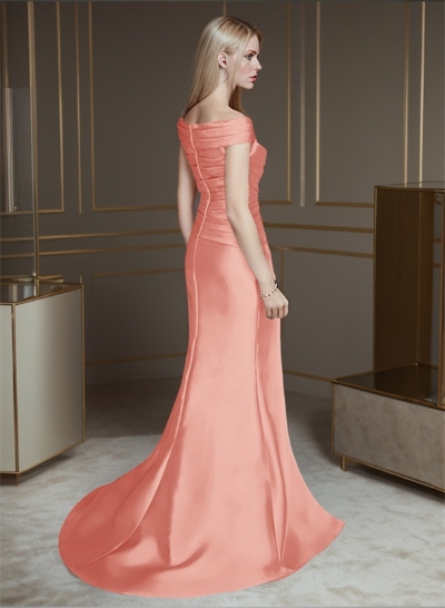 Sheath/Column Off-The-Shoulder Sleeveless Satin Bridesmaid Dresses With Ruffle