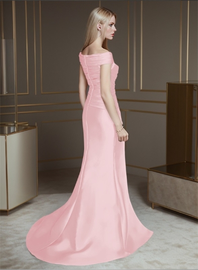 Sheath/Column Off-The-Shoulder Sleeveless Satin Bridesmaid Dresses With Ruffle