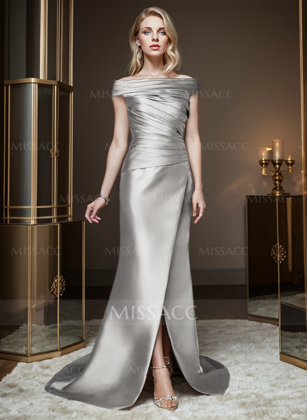 Long Satin Cap Shoulder Sheath/Column Mother Of The Bride Dresses